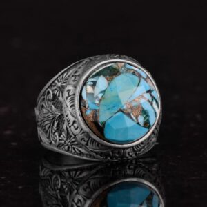 Gerçek Doğal Turkuaz Taşlı, Ayrıntılı Çiçek Tasarımlı Gümüş Erkek Yüzük - Görsel 5