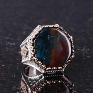 Gerçek Doğal Taş Yüzük - Sekizgen Tasarım - El Yapımı 925 Ayar Gümüş Takı (Yeşil Kan Taşı) - Görsel 5