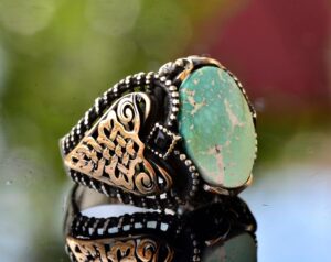 Erkek Yeşil Turkuaz Taş Yüzük, 925 Ayar Gümüş ile Vintage Orta Doğu Tasarımı - Görsel 4