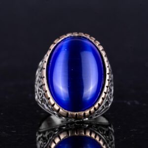 925 Ayar Gümüş Erkek Yüzük, Büyük Yüzük (Koyu Mavi Kedi Göz Oluşturulmuş Taş) - Görsel 4