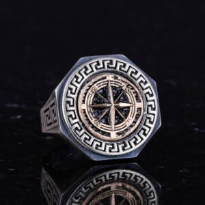 925 Ayar Gümüş Yüzük - Yunan Anahtarı Tasarımı Erkek Yüzüğü - El Yapımı Yüzük (Pusula) - Görsel 5