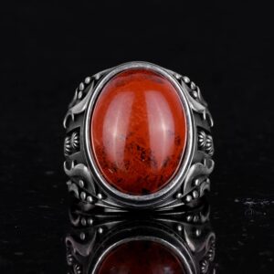 Doğal Kırmızı Kan Taşı Yüzük, 925 Ayar Sert Gümüş Yüzük, Tasarım Gümüş Erkek Yüzüğü - Görsel 4