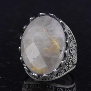 Gerçek Doğal Taş Yüzük - Gül Desenli Yüzük - 925 Ayar Gümüş Yüzük - El Yapımı Büyük Yüzük (Altınlı Rutilli Kuvars) - Görsel 6