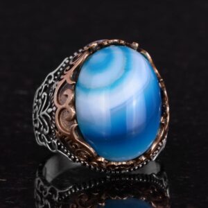 Gerçek Doğal Taş El Yapımı Yüzük - 925 Ayar Gümüş El Yapımı Yüzük - Şık Farklı Yüzük (Mavi Akik) - Görsel 5