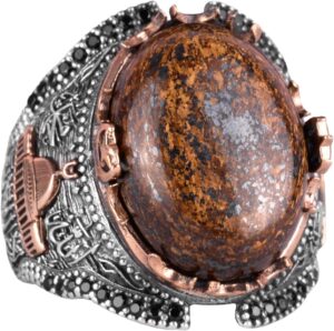 Doğal Bronzit Taş Yüzük, 925 Ayar Sert Gümüş Erkek Yüzüğü - Görsel 1