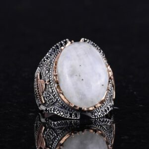 Doğal Ay Taşı Değerli Taş Yüzüğü, 925 Ayar Kaliteli Gümüş Erkek Yüzüğü, Ay Işığı Tasarımı - Görsel 5