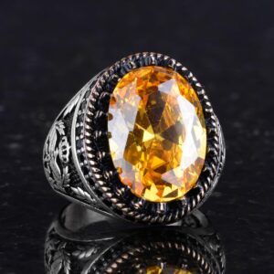 925 Ayar Gümüş Yüzük, Yapay Taş Yüzük, Kartal Sembol Yüzüğü, El Yapımı Yüzük (Yapay Sitrin) - Görsel 5