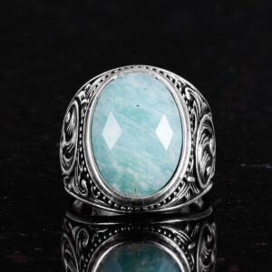 Şık El Yapımı Doğal Amazonit Taş Yüzük - 925 Ayar Gümüş Yüzük Erkekler İçin - Görsel 4