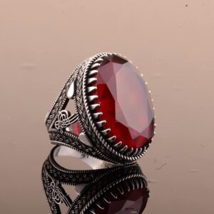 925 Ayar Gümüş Erkek Osmanlı Mühür Yüzük Yapay Granat Taşı ile - Görsel 4