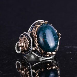 Aslan Başlı Yüzük, Yeşil Kan Taşı Yüzük - 925 Ayar Sterlin Gümüş Yüzük Erkekler İçin, Farklı Yüzük - Görsel 6