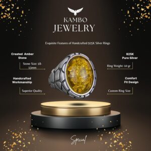 Erkekler için Lüks 925 Ayar Gümüş Yapay Taş Yüzükler - Çeşitli Koleksiyon (Bal Amberi Yapay Taş) - Görsel 6