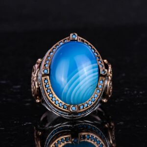 925 Ayar Gümüş Yüzük, Doğal Mavi Akik Taşı ile, El Yapımı Erkek İfadesi Yüzüğü, Vintage Tasarım - Görsel 4