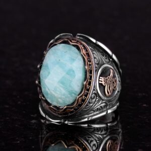 Osmanlı Tuğra Gümüş Yüzük, Doğal Taş Yüzük, 925 Ayar Gümüş Yüzük (Amazonit) - Görsel 5