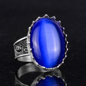 925 Ayar Gümüş Yüzük - Büyük Yüzük - Yapay Taşlı Gümüş Yüzük - El Yapımı Yüzük (Yapay Mavi Kedi Gözü) - Görsel 5