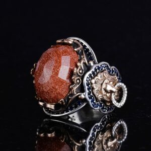 Kahverengi Güneş Taşı Yapay Taş Yüzük, 925K Gümüş Erkek Yüzük, Aslan Sembol Yüzüğü, Gümüş Modaya Uygun Erkek Yüzük - Görsel 6