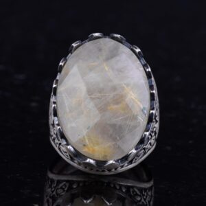 Gerçek Doğal Taş Yüzük - Gül Desenli Yüzük - 925 Ayar Gümüş Yüzük - El Yapımı Büyük Yüzük (Altınlı Rutilli Kuvars) - Görsel 4