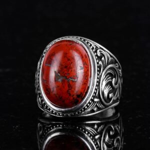 Doğal Kırmızı Kan Taşı Yüzük - 925 Ayar Gümüş Yüzük Erkekler İçin, Tasarım Erkek Gümüş Yüzük - Görsel 6