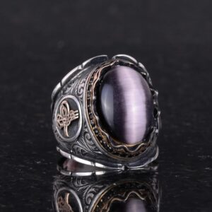 925 Ayar Katı Gümüş Erkek Yüzük, Ametist Kedi Gözü Doğal Taş Yüzük, Osmanlı Tuğra Yüzüğü, El Yapımı Zarafet - Görsel 4