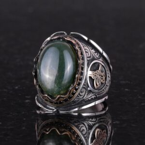 925 Ayar Katı Gümüş Erkek Yüzük, Yosunlu Akik Taş Yüzük, Osmanlı Tuğra Taş Yüzük - El Yapımı Şıklık - Görsel 3