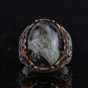 Gerçek Doğal Taş El Yapımı Yüzük - 925 Ayar Gümüş El Yapımı Yüzük - Şık Farklı Yüzük (Yeşil Göz) - Görsel 4