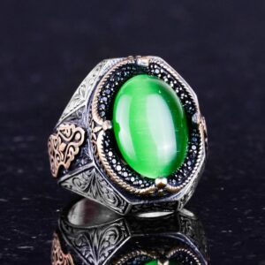 925 Ayar Gümüş Yüzük, Yeşil Kedi Gözü Taşı Yüzük, Tasarım Gümüş Erkek Yüzüğü - Görsel 5