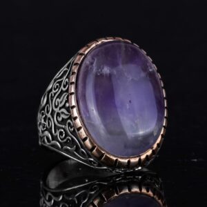 925 Ayar Katı Gümüş Erkek Yüzük, Doğal Ametist Taşlı Yüzük, Büyük Tasarım Gümüş Erkek Yüzük - Görsel 5