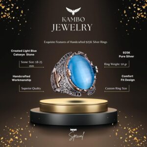 İslami Camii 925 Ayar Gümüş Erkek Yüzük, Açık Mavi Kedi Gözü Oluşan Taş Yüzük - Görsel 2