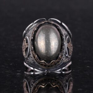 925 Ayar Katı Gümüş Erkek Yüzük, Gerçek Doğal Pirit Taşı Yüzük, Osmanlı Tugra Yüzüğü, Refah Manifestasyonu Tasarımı - Görsel 4