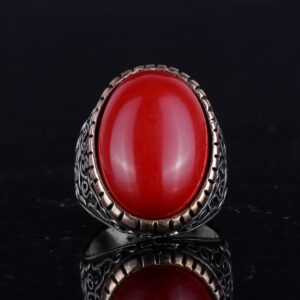 925 Ayar Gümüş Erkek Yüzüğü, Büyük Yüzük (Kırmızı Mercan Yapay Taş) - Görsel 4