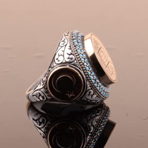 925 Ayar Gümüş Erkek Yüzük, Mavi Turkuaz, Hilal Ay ve Süleyman Yıldızı Tasarımı - Görsel 4