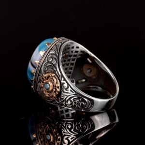 Doğal Mavi Akik Taşı Yüzük, 925 Ayar Gümüş Yüzük, Erkek Yüzüğü - Görsel 6