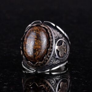Gerçek Doğal Bronzit Taş Yüzük, 925 Ayar Katı Gümüş Erkek Yüzüğü, Osmanlı Tuğra Yüzüğü - Görsel 5