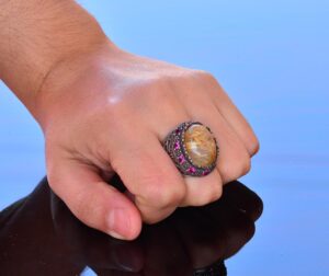 Doğal Altın Rutilat Kuvars ve Yakut Aksesuarlı - 925 Ayar Gümüş Erkek Yüzük - Görsel 7