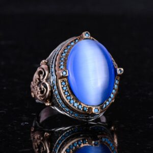 925 Ayar Gümüş Erkek Yüzük, Yapay Mavi Kedi Gözü Taşı, El Yapımı Vintage Tasarım İfadeli Yüzük - Görsel 5