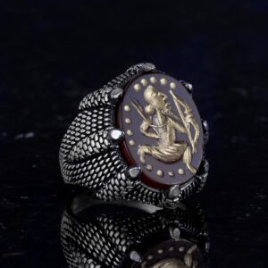 Gerçek Doğal Akik Taş Yüzük - 925 Ayar Gümüş Erkek Yüzük - Okçuluk Yüzüğü - Yerli Amerikan Yüzüğü - Görsel 5