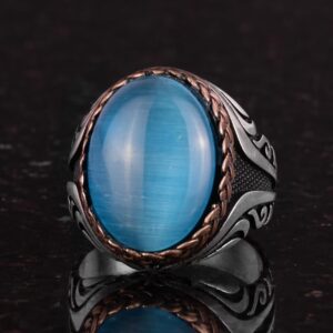 925 Ayar Gümüş Yüzük - Yapay Taş Gümüş Yüzük - El Yapımı Yüzük (Yapay açık mavi kedi gözü) - Görsel 6