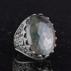 Gerçek Doğal Taş Yüzük - Gül Desenli Yüzük - 925 Ayar Gümüş Yüzük - El Yapımı Büyük Yüzük (Zümrüt) - Görsel 5