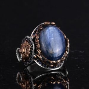 El Yapımı Aslan Başı Erkek Yüzüğü, Doğal Kyanit Taş Yüzük - 925 Ayar Gümüş Yüzük Erkekler İçin - Görsel 6