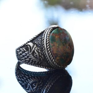 Gerçek Doğal Yeşil Turkuaz (Firuze) Şahin Tasarımlı Yüzük - 925 Ayar Gümüş El Yapımı Erkek Takısı - Görsel 4