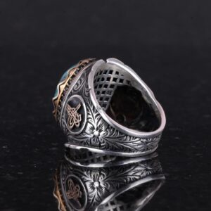 Gerçek Doğal Krysokolla Taşı Yüzük, Osmanlı Tuğra Gümüş Yüzük, 925 Ayar Katı Gümüş Erkek Yüzüğü - Görsel 6