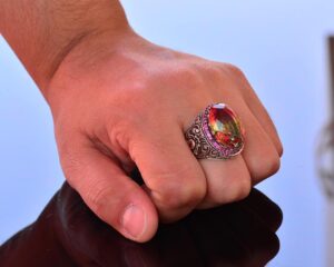 925 Ayar Gümüş Kral Yüzük - Çok Renkli Yapay Taş - El Yapımı Erkek Takısı - Görsel 7