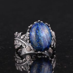 Gerçek Doğal Lapis Lazuli Taşlı, Bohem Vintage Tasarımlı Gümüş Kadın Yüzüğü - Görsel 5