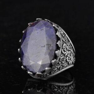 Gerçek Doğal Taş Yüzük - Gül Desenli Yüzük - 925 Ayar Gümüş Yüzük - El Yapımı Büyük Yüzük (Mavi Safir) - Görsel 6