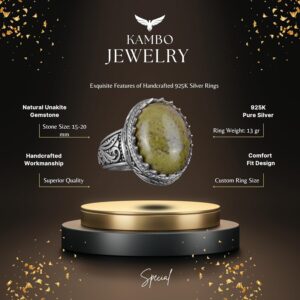 El Yapımı Unakite Taş Yüzük - 925 Ayar Sert Gümüş Erkek Yüzük - Sanatsal Tasarım - Görsel 5