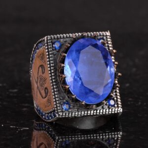 925 Ayar Gümüş İslami Yüzük, Yapay Taş Yüzük, El Yapımı Hat Yazısı Yüzük (Yapay Lacivert Paraiba) - Görsel 5