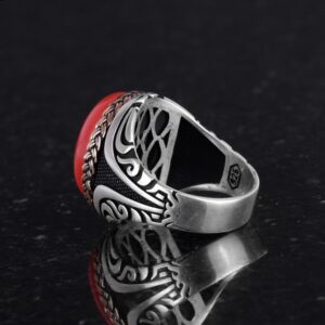 925 Ayar Gümüş Yüzük - Yapay Taş Gümüş Yüzük - El Yapımı Yüzük (Yapay kırmızı mercan) - Görsel 7