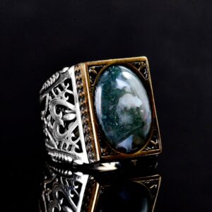 Erkekler için Katı 925 Ayar Gümüş Yüzük, Gerçek Doğal Yosunlu Akik Taşı Yüzük, Vintage Tasarım - Görsel 3
