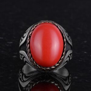 925 Ayar Gümüş Yüzük - Yapay Taş Gümüş Yüzük - El Yapımı Yüzük (Yapay kırmızı mercan) - Görsel 4