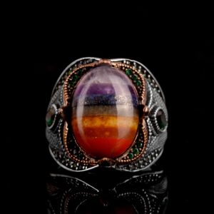 Gökkuşağı Taşlı Gümüş Yüzük, Çok Renkli Yüzük, 925 Ayar Gümüş Erkek Yüzük - Görsel 2