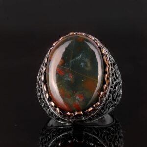 Gerçek Doğal Kan Taşı Yüzük, 925 Ayar Gümüş Erkek Yüzüğü, Bizans Tarzı Büyük Yüzük - Görsel 2